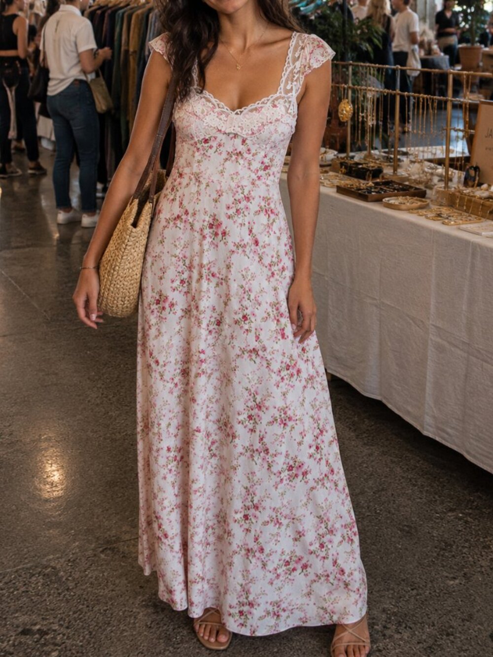 Coquette Thirty Thirty Scalloped Lace Sweetheart Rose Floral Maxi Dress L